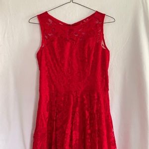 Red lace zipper closed high low dress